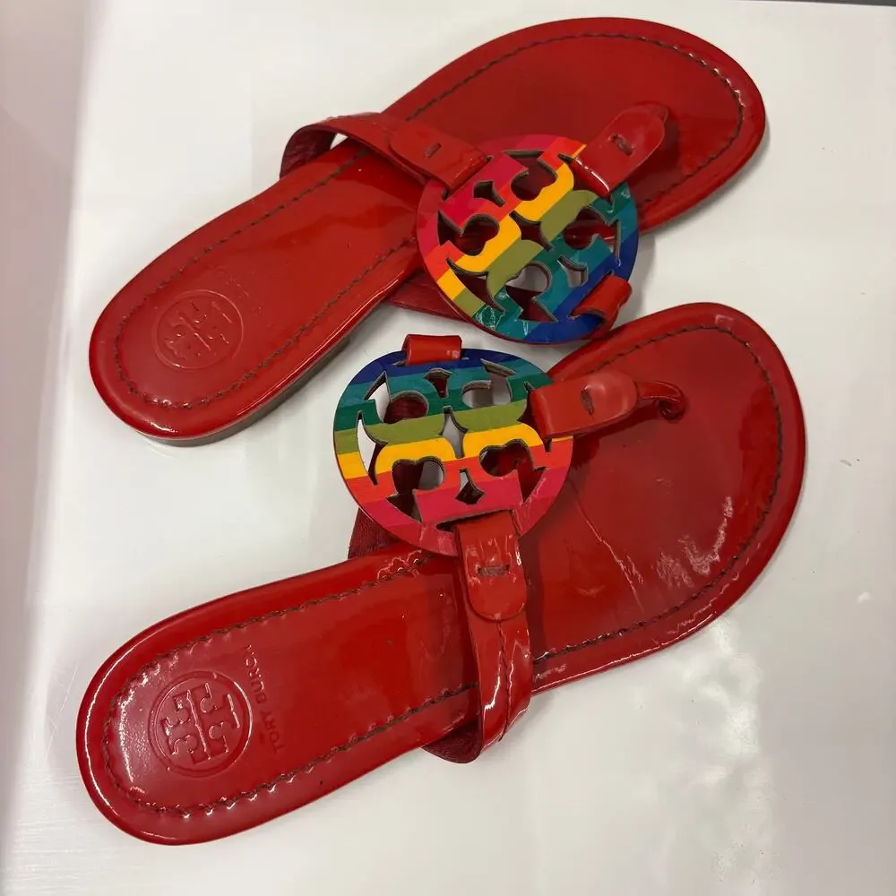 Tory Burch Sandals‎ Ruby Red Rainbow Patented Leather Miller Sandals Size 5.5